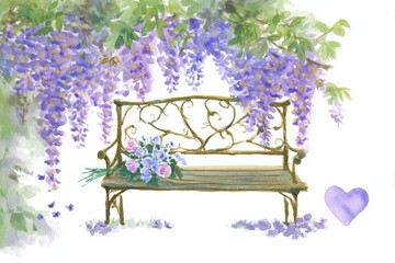 Tranquil garden bench under wisteria with floral bouquet and heart motif