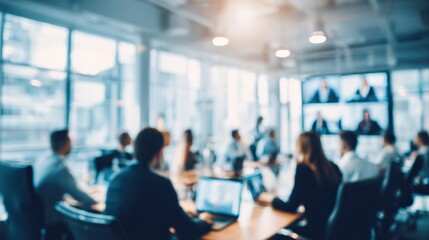 Fototapeta premium Blurred Corporate Boardroom Video Conference: Team Meeting, Collaboration, and Remote Communication in Modern Office