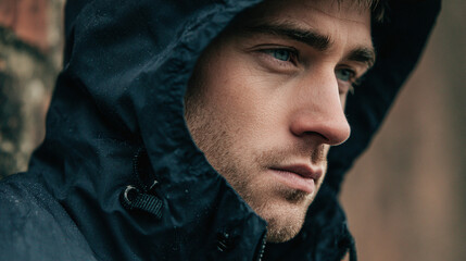A man's contemplative gaze, framed by a hooded jacket, captures a moment of reflection amidst an undefined outdoor setting. Eyes reflect depth.