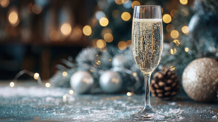 Bubbles in a champagne flute set against the backdrop of a holiday setting with decorations, lights, and a snow dusted table surface.