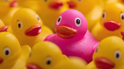 A vibrant pink rubber duck stands out amongst a sea of yellow ducks, symbolizing uniqueness and individuality. Dare to be different, shine bright!