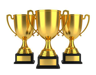 Three Golden Trophies Displayed on Black Stands