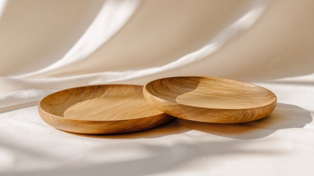 Minimalist Wooden Plates on Cream Fabric: Sustainable Kitchenware for Food Presentation and Home Decor