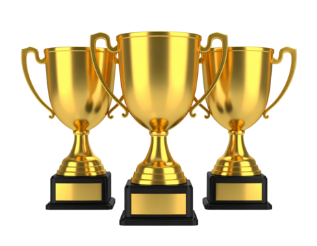 Three Golden Trophies Displayed on Black Stands