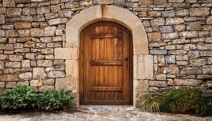 Fototapeta premium aged wooden door in stone wall
