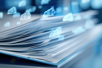 Stack of digital documents with cloud icons highlighting modern data storage solutions