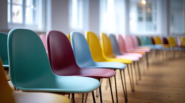 Colorful Plastic Chairs in a Row, Auditorium or Conference Setting, Creative Office Interior, Modern Furniture