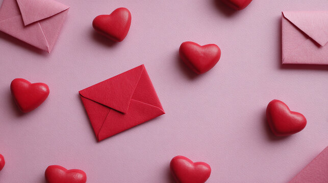 Heartfelt Notes: Sweet red hearts and envelopes rest against a light purple backdrop, embodying romance, affection, and thoughtful communication.