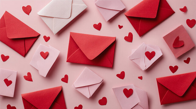 Elegant Valentines Day scene with heart-adorned pink and red envelopes scattered on a light pink surface for a heartwarming and romantic display.