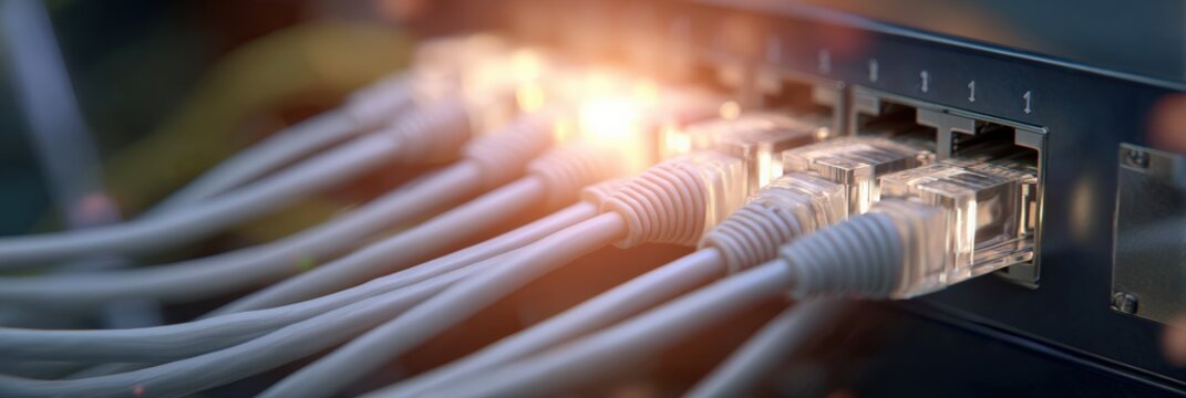 Close-up of ethernet cables connected to network switch with glowing lights