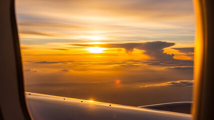 Airplane window view of dramatic sunset over cloudscape