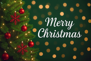 Christmas Background with Decorated Xmas Tree and Golden Bokeh Lights. AI Generative.