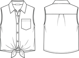 Women's sleeveless button down shirt with tie front knot, collar and pocket, technical fashion cad drawing flat vector illustration