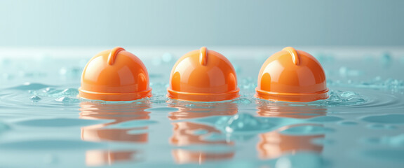 Three vibrant swim caps floating in icy blue water of competition  