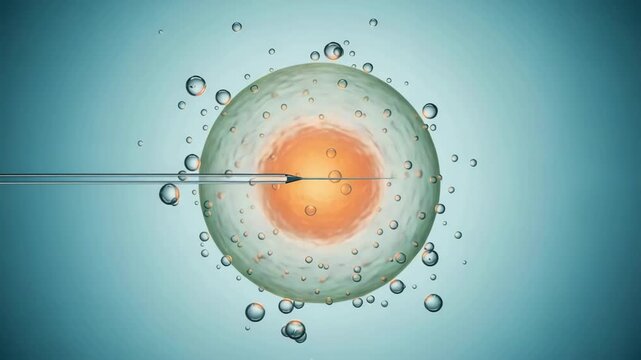 Macro view of glowing cell touched by lab pipette and needle showing fertility science, reproductive health and sperm analysis research