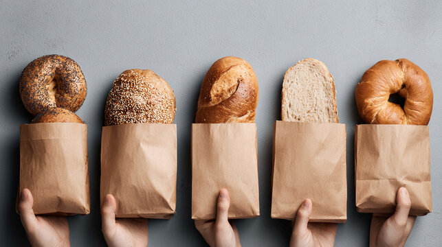 Assortment of freshly baked goods: bagels, sesame bread and sourdough. Each item is held in brown paper bags, a rustic bakery feel.
