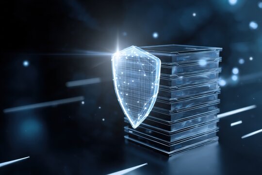 Shield protecting data servers in futuristic digital environment