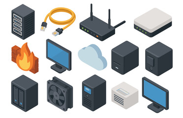 Isometric network devices: router, cloud, firewall, cable, monitor, server components