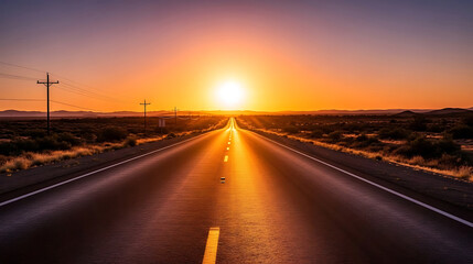 Long desert highway stretching towards a bright sunset