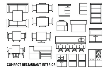 Minimalist compact restaurant interior design layout with tables and cabinets