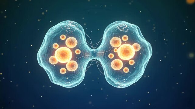 Two glowing cells dividing in blue bioluminescent light showing cellular process, reproductive health and sperm analysis concept
