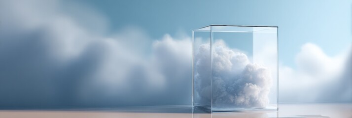 Surreal cloud enclosed in glass cube with soft blue sky backdrop