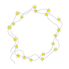 Hand drawn stars frame. One line continuous drawing. Festive ornaments illustration, print, banner, greeting card, poster, holiday decor icon. vector