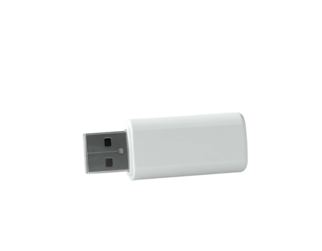 White USB drive on black background - Powered by Adobe