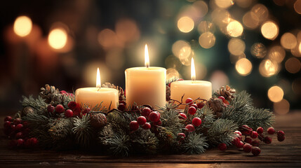 Three lit candles surrounded by a wreath of evergreen boughs, pine cones, and bright red berries. A warm, cozy holiday scene.