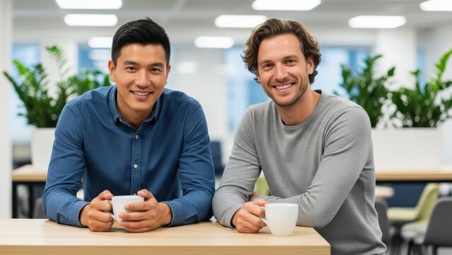 Two males enjoying coffee in bright modern office space