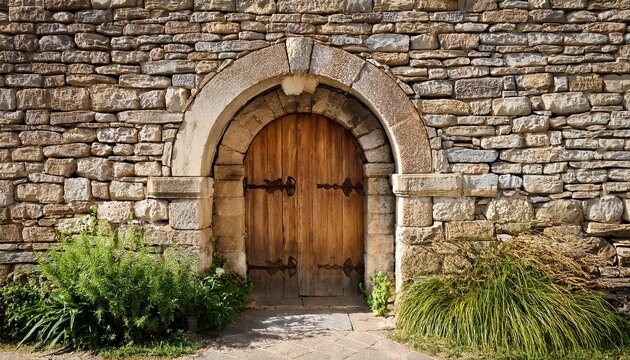 aged stone wall with wooden archway - Powered by Adobe
