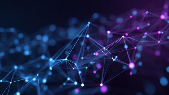 Abstract Technology Network Background with Blue and Purple Nodes and Connected Lines Visualization