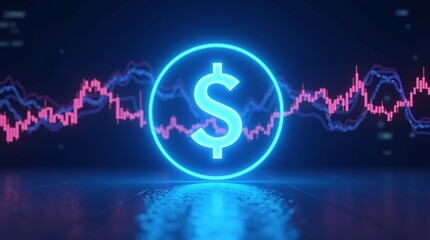 A glowing blue dollar sign (in a circle) overlays a pink/blue financial graph, on a dark reflective background.