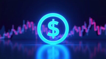 A glowing blue dollar sign (in a circle) overlays a pink/blue financial graph on a dark reflective background.