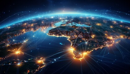 high resolution digital representation of earth from space with illuminated cityscapes and glowing network connections