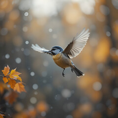 Naklejka premium A tomtit bird in mid-flight during autumn in Siberia, Tomsk, showcasing vibrant plumage, dynamic motion.