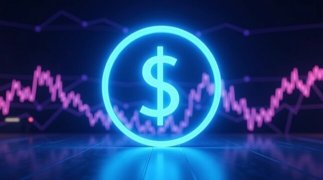 A glowing blue dollar sign (in a circle) sits before a pink financial graph, on a dark digital background.