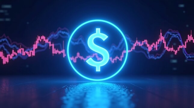 A glowing blue dollar sign (in a circle) overlays a pink/blue financial graph, on a dark reflective background.