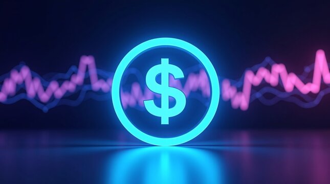 A glowing blue dollar sign (in a circle) sits before a pink financial graph, on a reflective dark background.