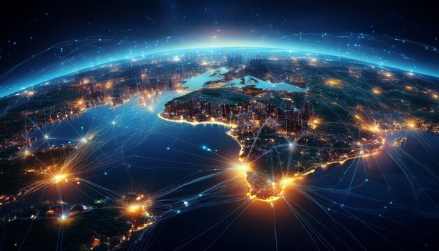 high resolution digital representation of earth from space with illuminated cityscapes and glowing network connections - Powered by Adobe