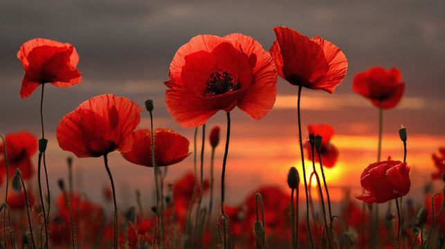 Field of vibrant flowers silhouetted against the setting sun, creating a mesmerizing scene of nature's beauty and peaceful serenity.
