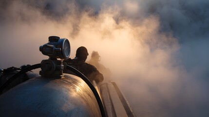 Divers in silhouette prepare in swirling mist at dawn with golden light illuminating their scuba gear