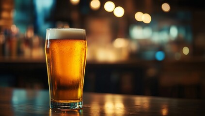 Golden Beer on a Wooden Table in a Cozy Bar With Warm Lighting in the Evening