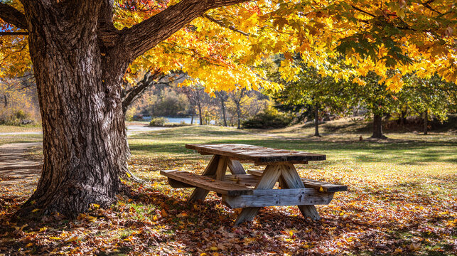 A serene autumn scene with a weathered picnic table nestled beneath a grand old tree adorned with leaves of gold, orange, and red in the park.