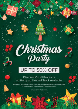 Christmas party poster vector set. Festive artwork with gifts, ornaments, stars and holiday elements on green background. Design illustration for flyer, cover, product, ads.