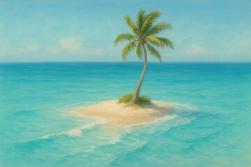 Fototapeta premium Island Paradise: A single palm tree graces a small, sandy island, embraced by the clear, turquoise waters of a tranquil ocean, offering a sense of seclusion and serenity.