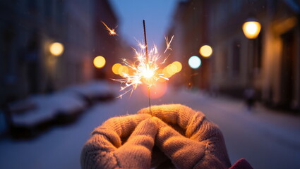 Sparkler illuminated in the dark street during winter evening celebration with blurred warm lights in the background