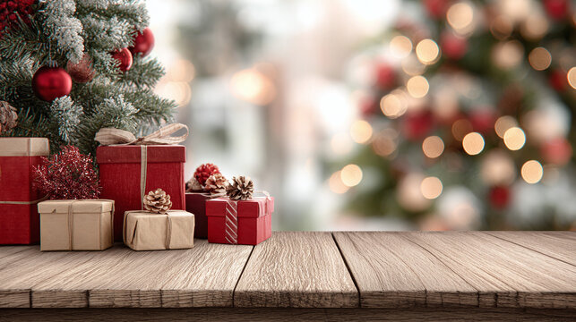 Festive Christmas display featuring neatly wrapped gifts under a decorated tree, set against a softly blurred background of holiday lights. - Powered by Adobe