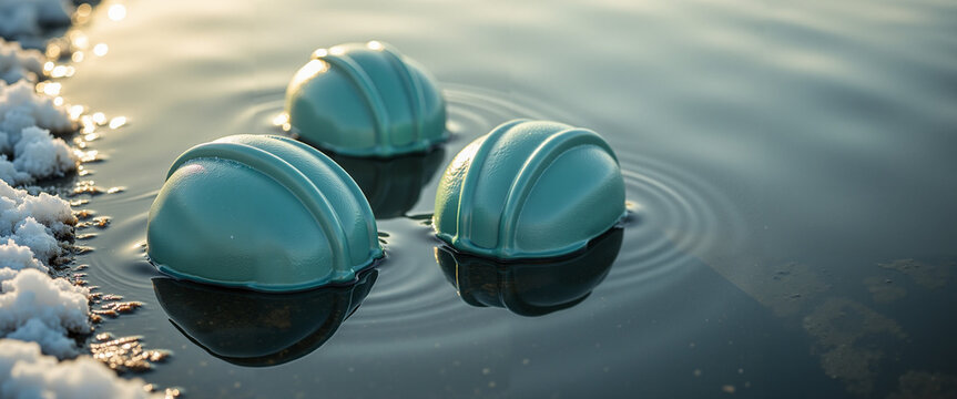 Vibrant swim caps floating on icy blue water in a competition  