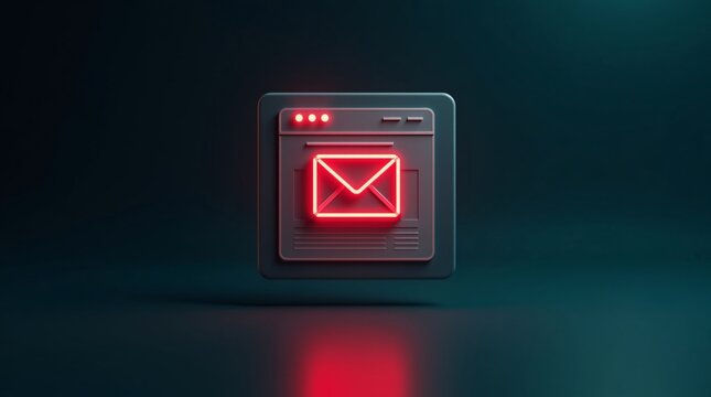 A dark app icon (shaped like a browser window) features a glowing red neon envelope, set against a dark background with a red reflection below.